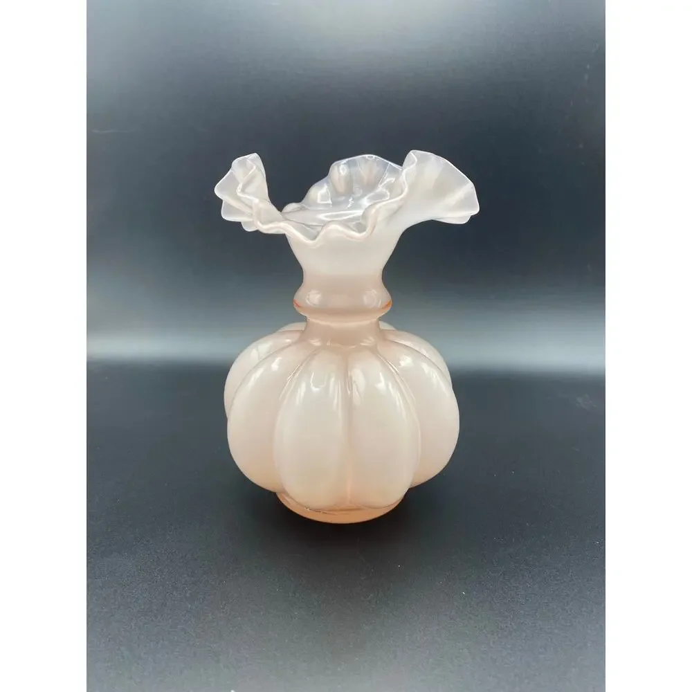 Vintage Fenton Large Ruffled  Pink Melon 8” Vase